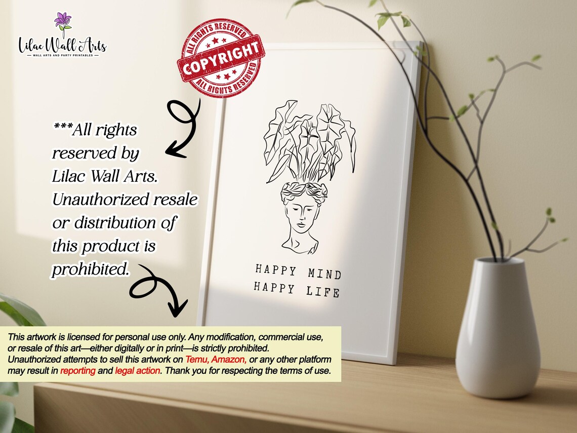 Happy Mind Happy Life Line Art Bust Botanical Quote Wall Poster - Image 2