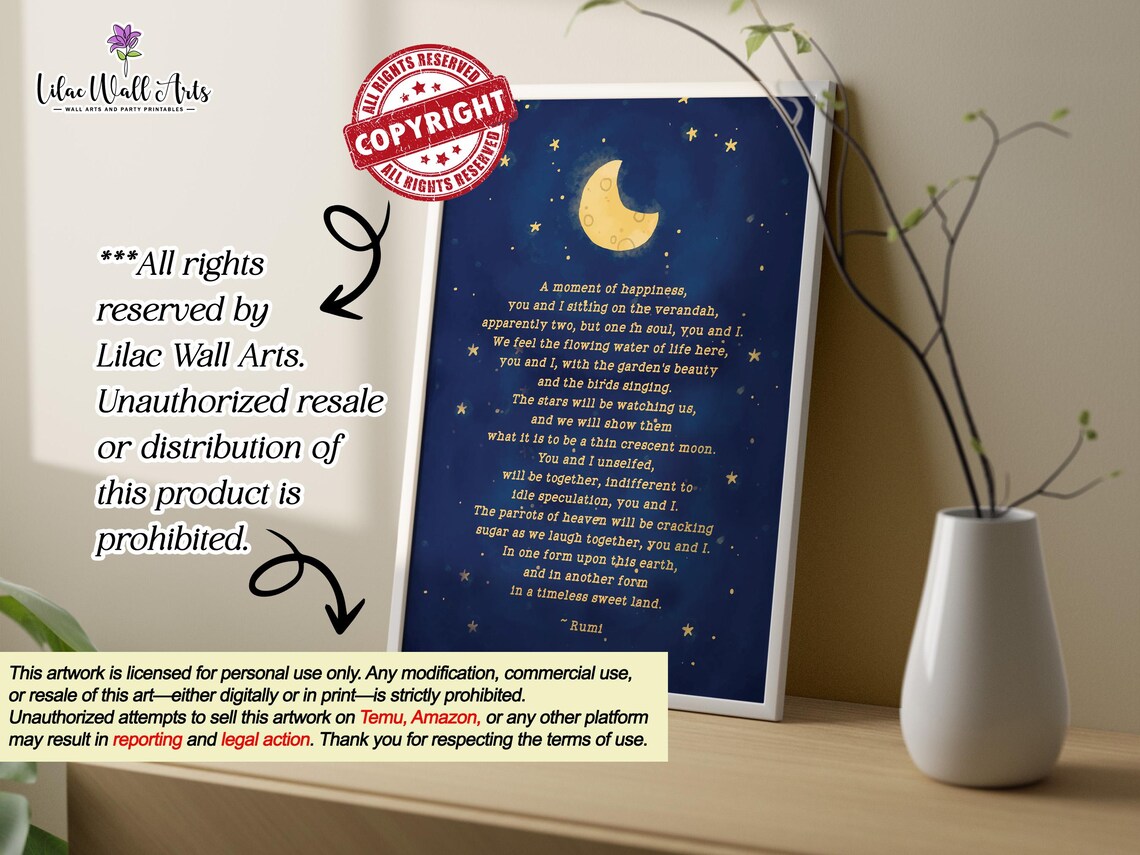 Rumi A Moment of Happiness Poem Poster Moon Stars Night Sky Quote Art - Image 6