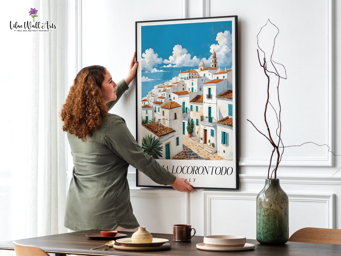 Puglia Locorontodo Italy Watercolor Travel Poster Whitewashed Town Art - Image 2