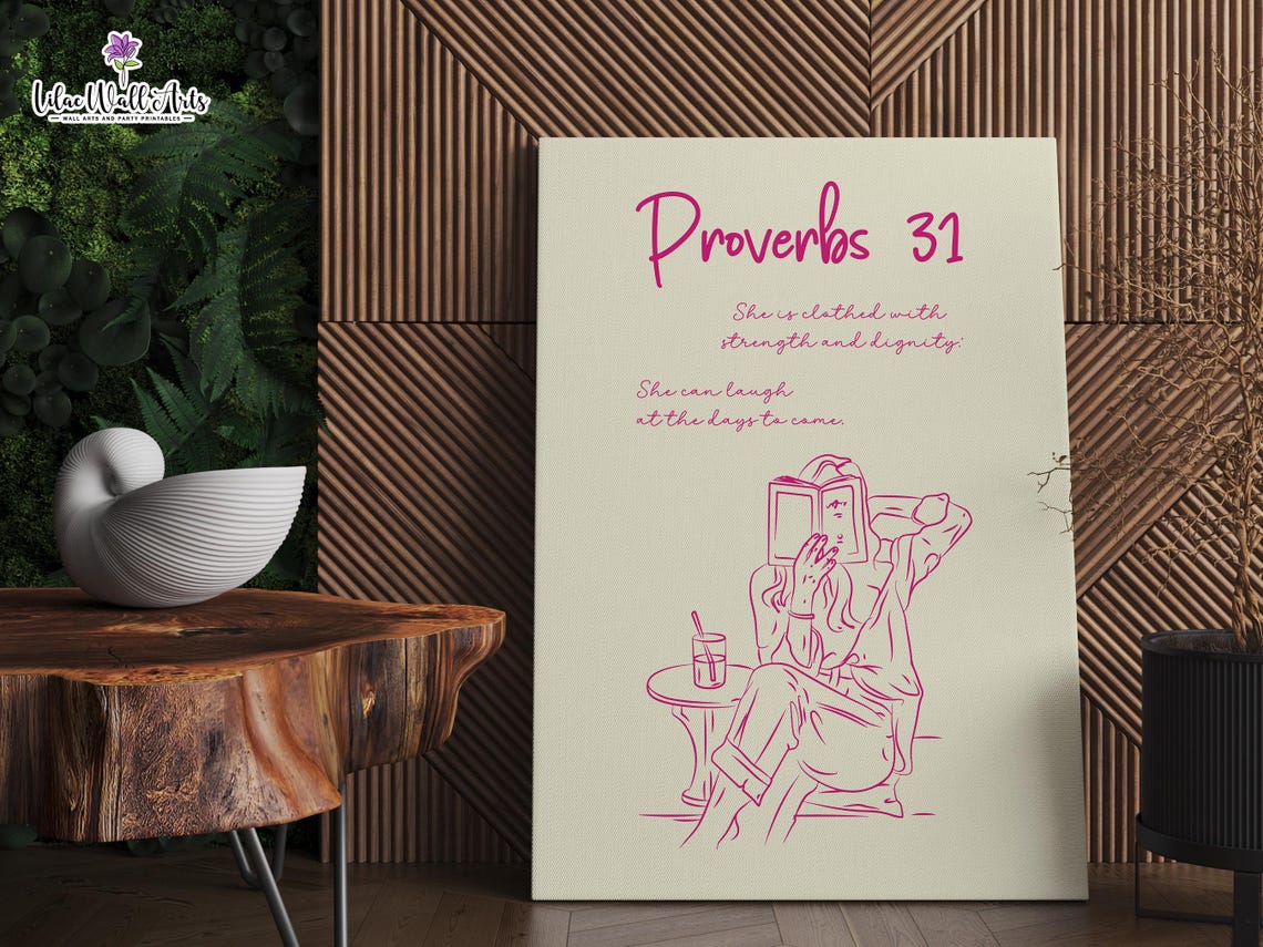 Proverbs 31 She Is Clothed Strength Pink Line Art Christian Poster - Image 3