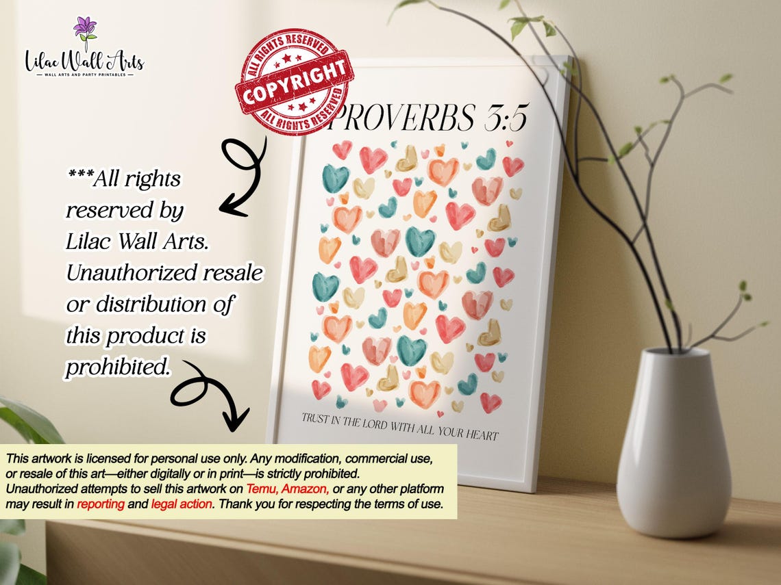 Proverbs 3:5 Trust in the Lord Teal and Coral Hearts Watercolor Poster - Image 2