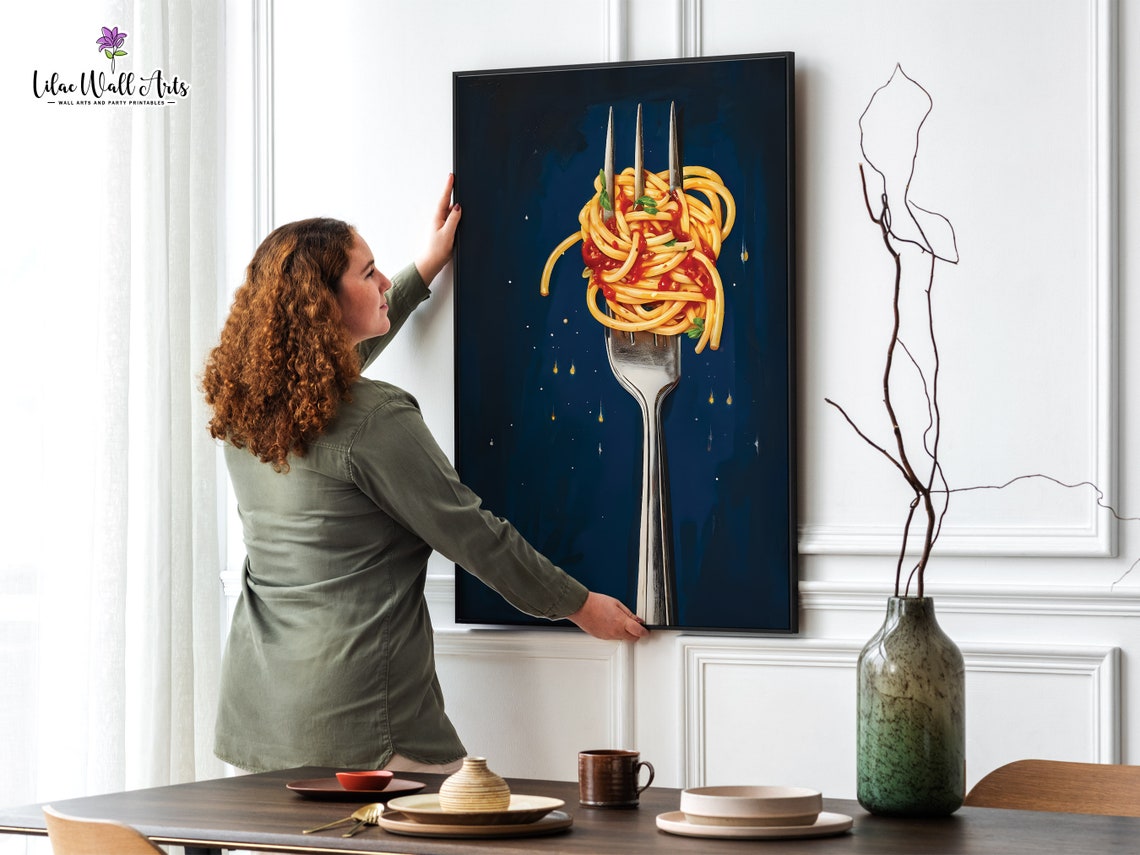 Spaghetti Tomato Sauce Fork Navy Blue Kitchen Food Art Poster - Image 4