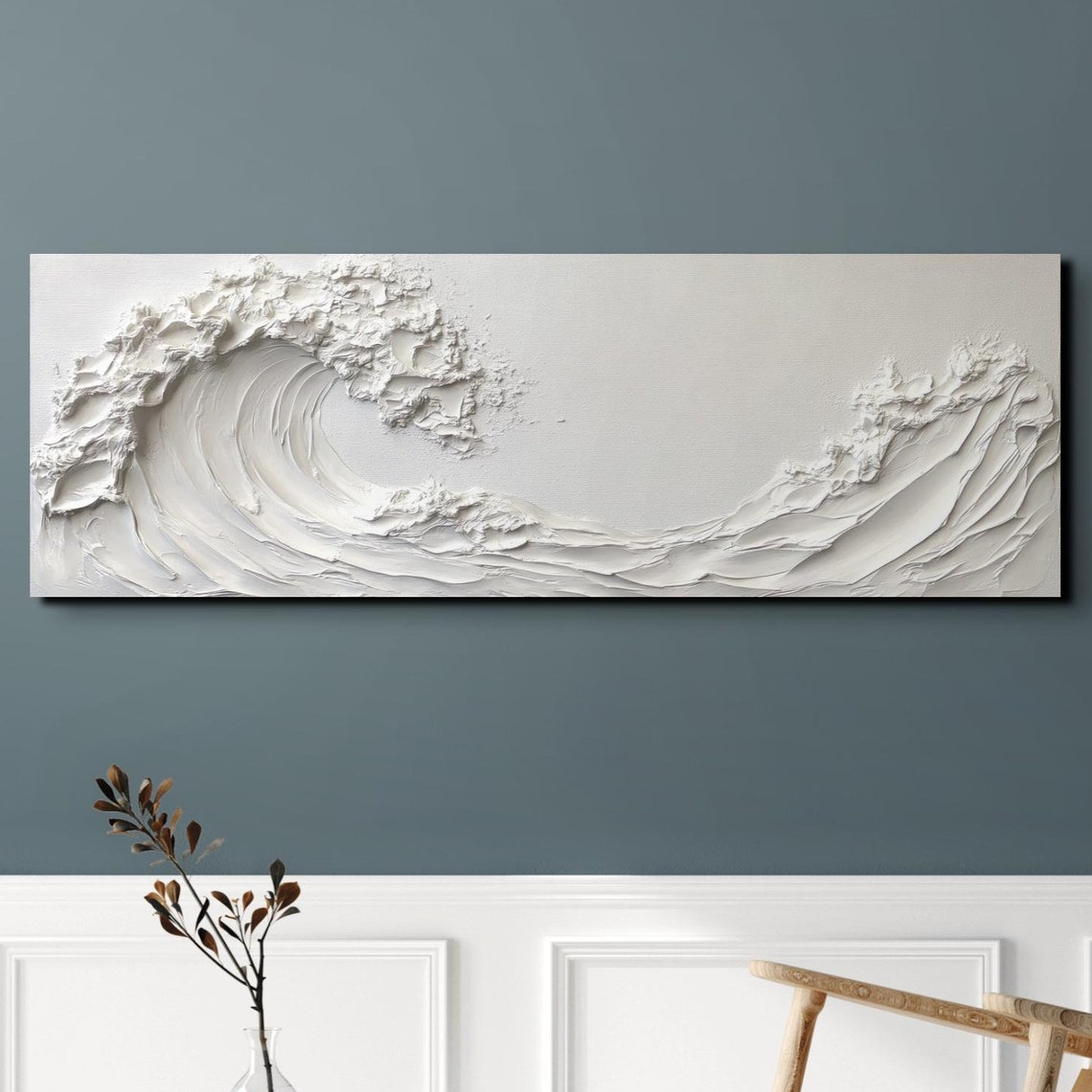 White Textured Ocean Wave Minimalist Panoramic Relief Art Poster