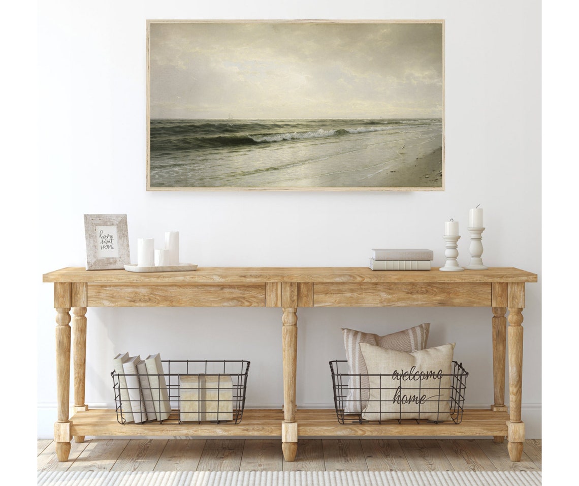 Quiet Ocean Waves Shore Vintage Neutral Green Seascape Painting Poster - Image 3