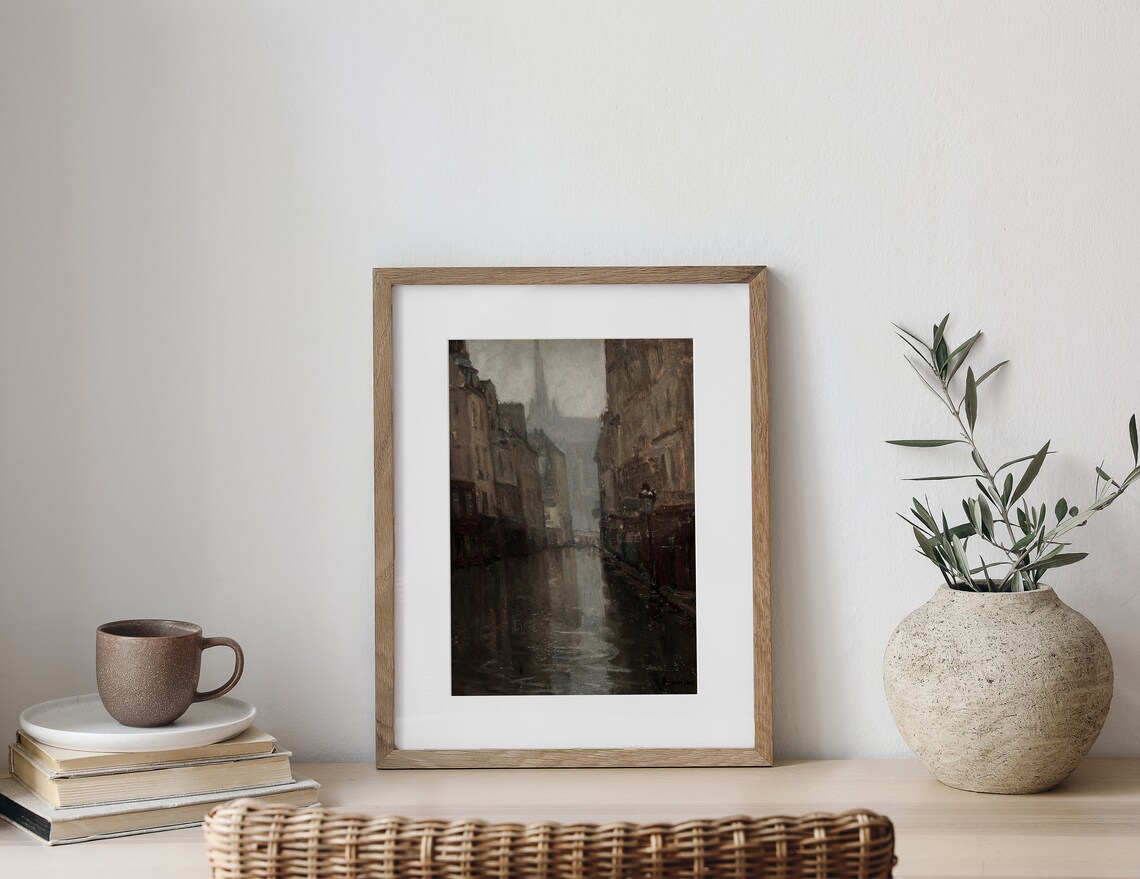 Rainy Old Street Dark Moody European City Architecture Painting Poster - Image 2