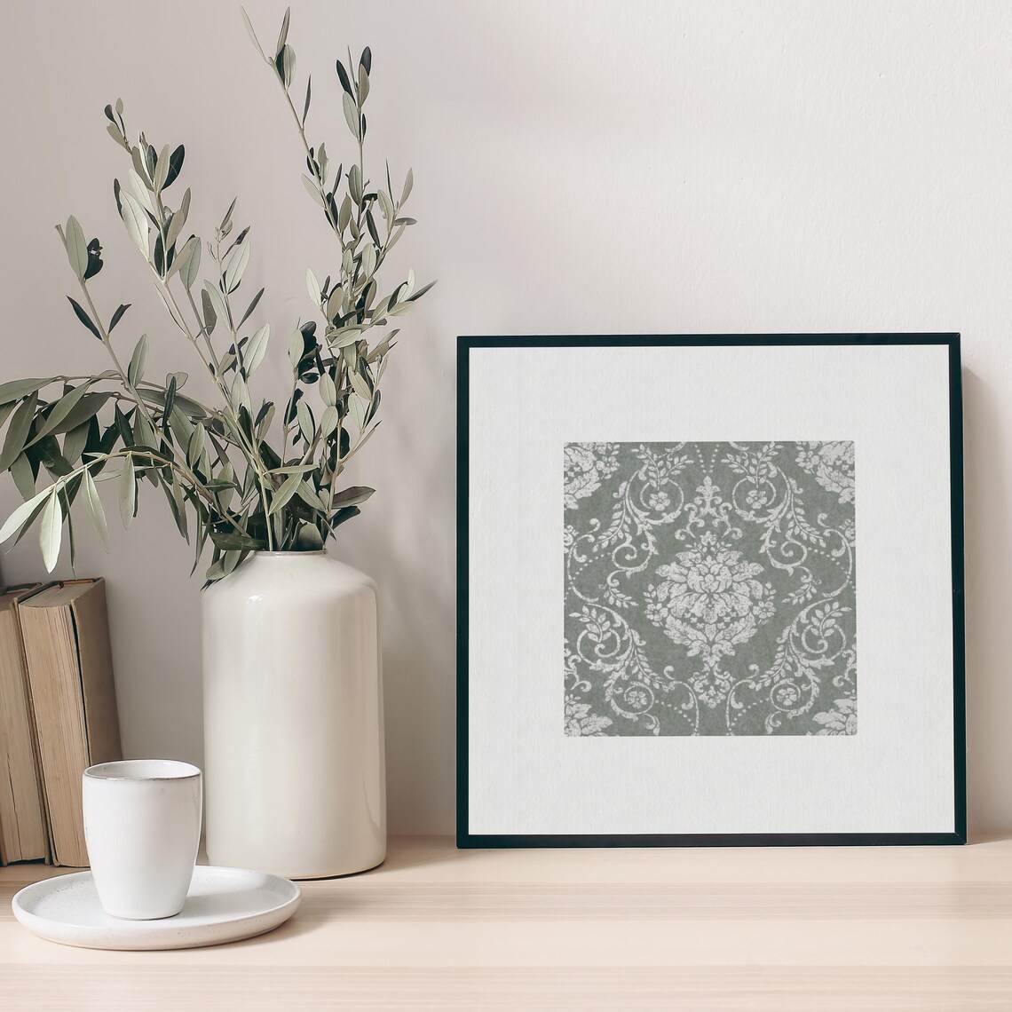 Bordered Green Damask Vintage Floral Pattern Art Print - Image 2