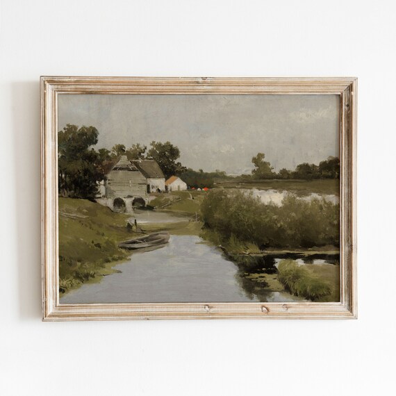 River House Vintage Rural Landscape Painting Art Print