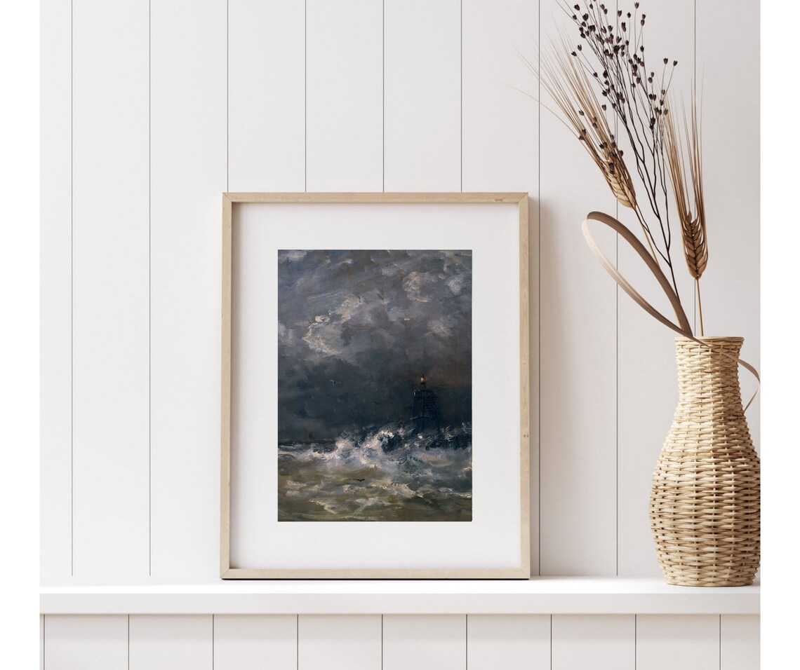 Stormy Lighthouse Vintage Sea At Night Art Print - Image 4