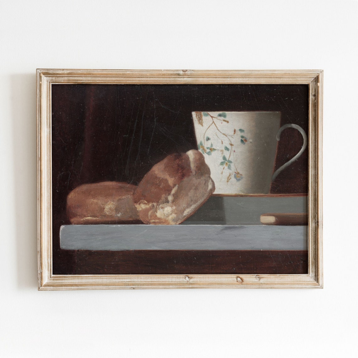 Moody Still Life Floral Cup And Fresh Bread Rolls On A Ledge Art Print