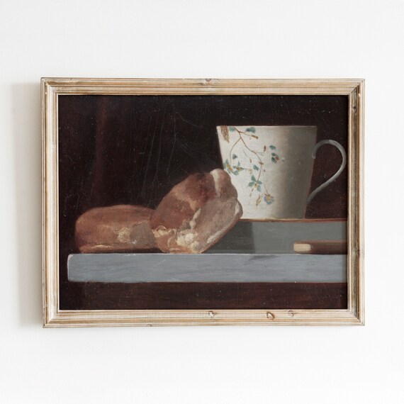 Cup Pastries Vintage Still Life Oil Painting Moody Country Kitchen Art Food Art 236