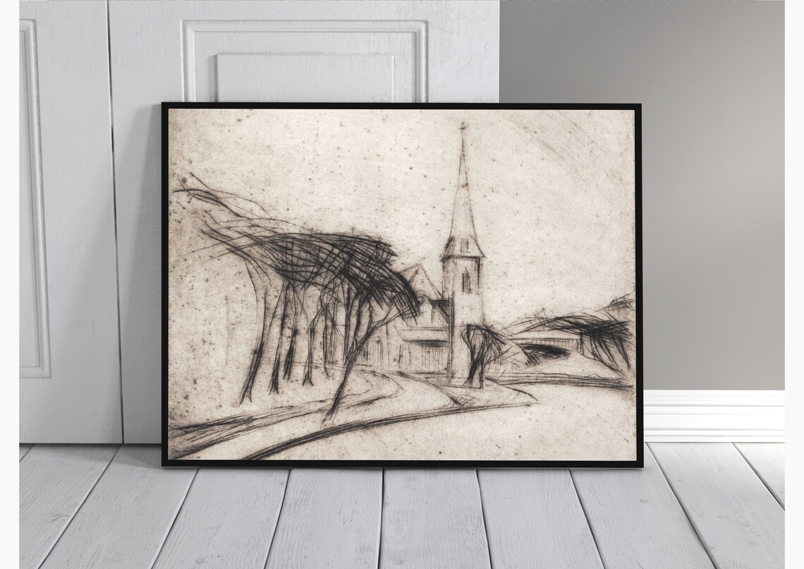 Church Etching Vintage Neutral Cityscape Art Print - Image 3