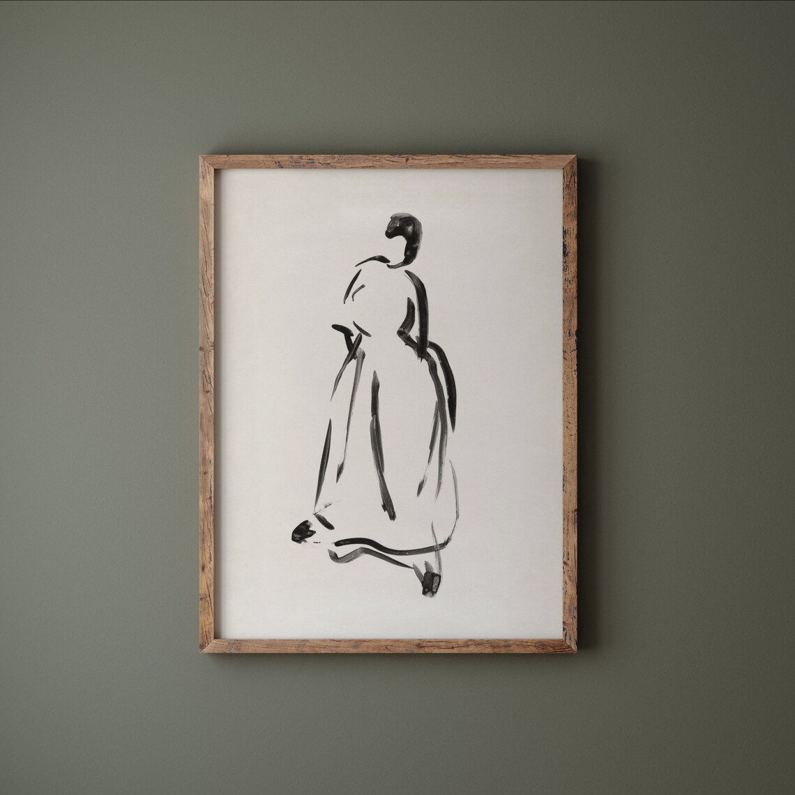 Minimal Black Ink Sketch Elegant Woman Silhouette Long Dress Art Print - Image 3