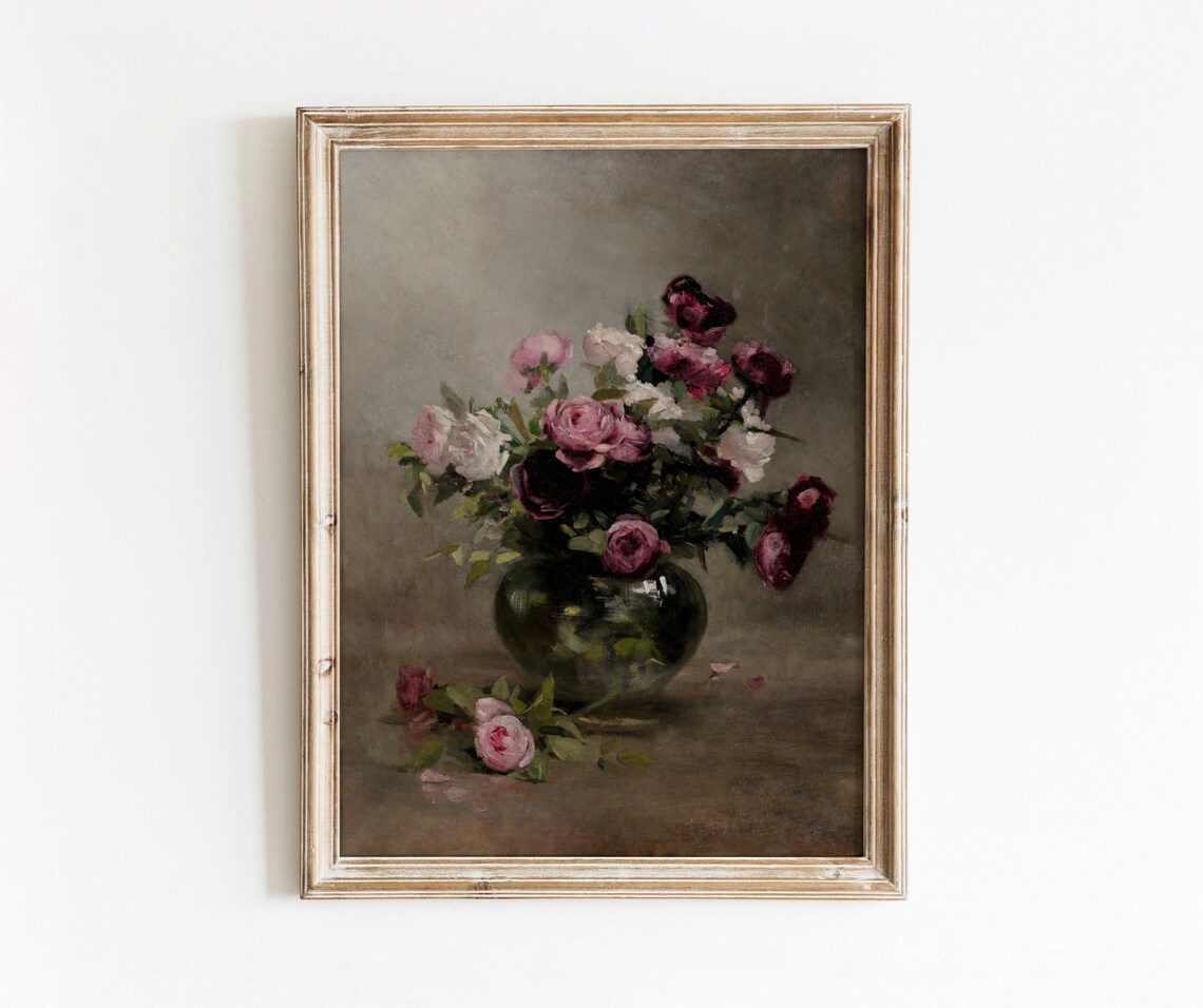 Magenta Roses Vintage Floral Still Life Art Print