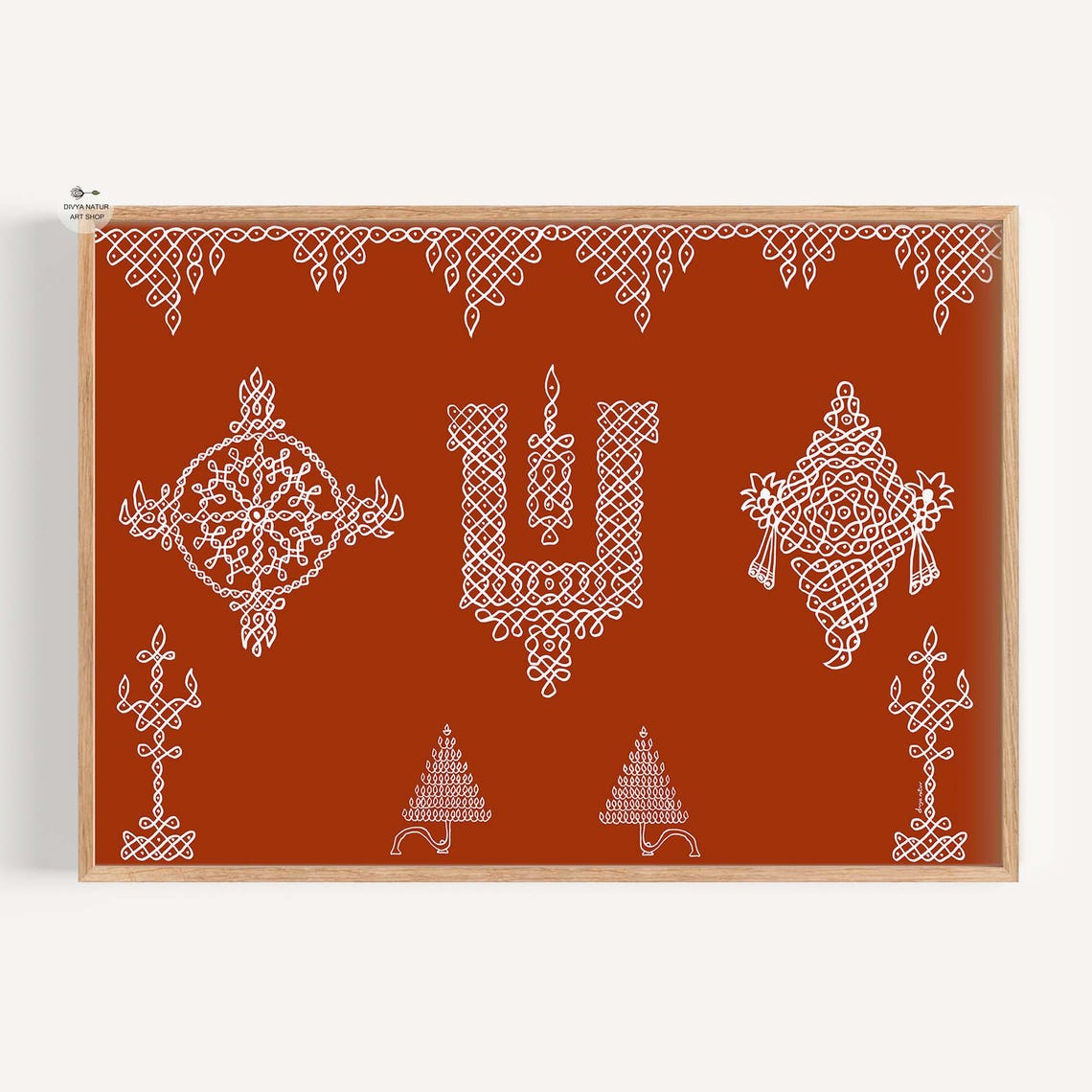 White Kolam Line Art on Terracotta Traditional Indian Wall Art