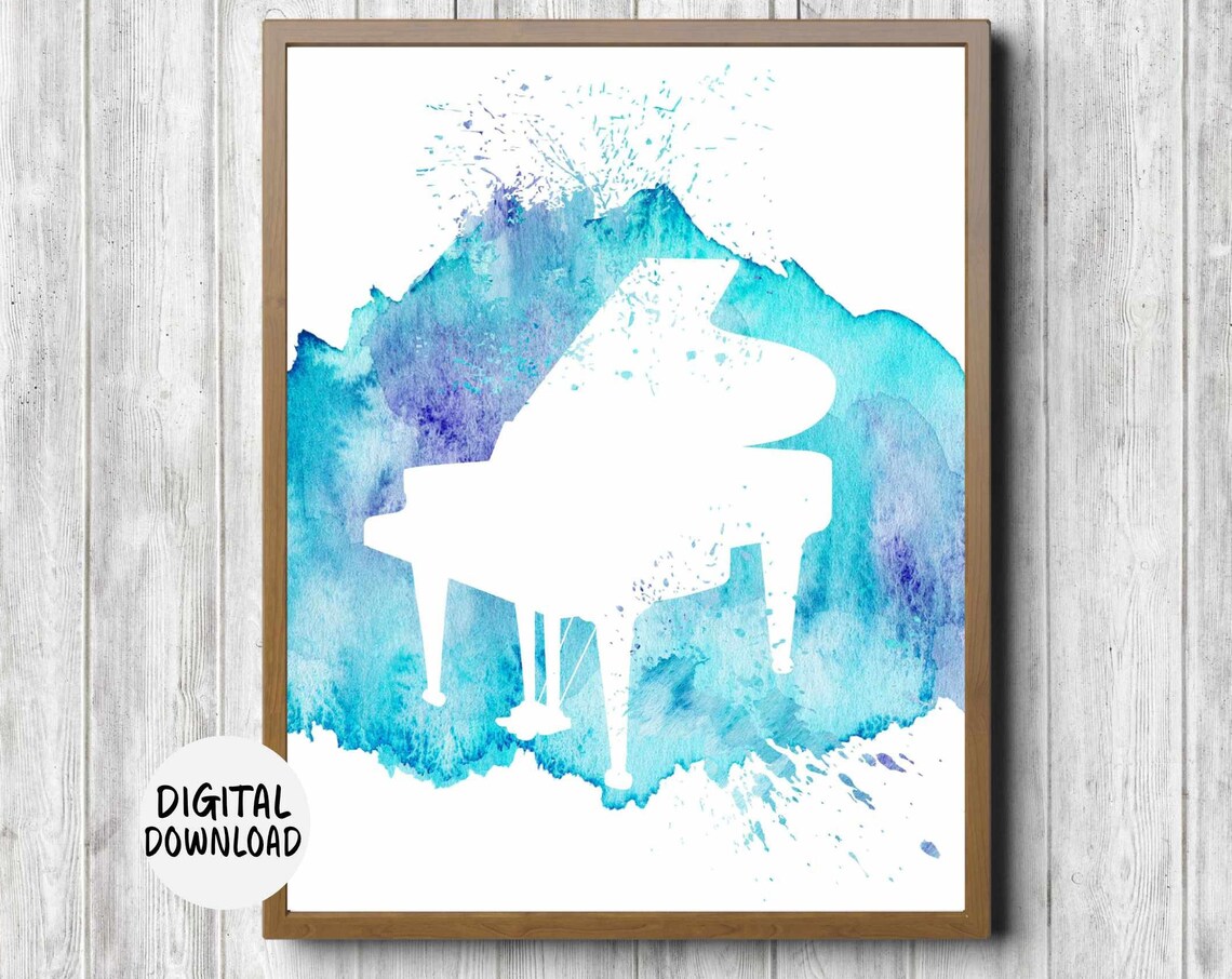 White Grand Piano Silhouette Blue Watercolor Music Room Poster