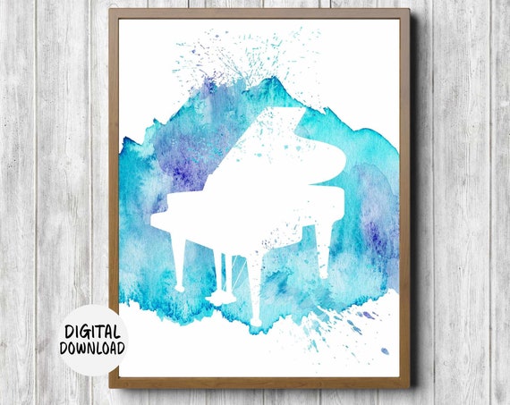 Watercolor Piano Silhouette Wall Art Gift For Pianist Music Teacher Turquoise Wall Decor Paint Splatter Print