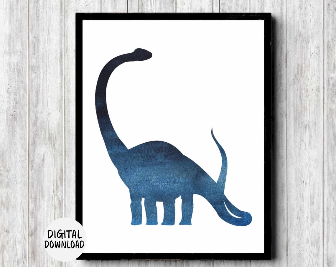 Navy Blue Watercolor Brontosaurus Dinosaur Boys Room Art Poster