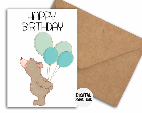 Cute Bear Balloons Birthday Card For Girl Boy Gender Neutral Card For Kids Children