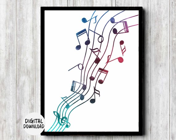 Flowing Watercolor Music Notes on Wavy Staff Lines Musician Poster