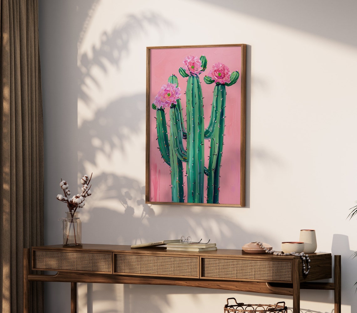 Blooming Cactus Art Pink Background Green Cacti Floral Wall Poster - Image 2