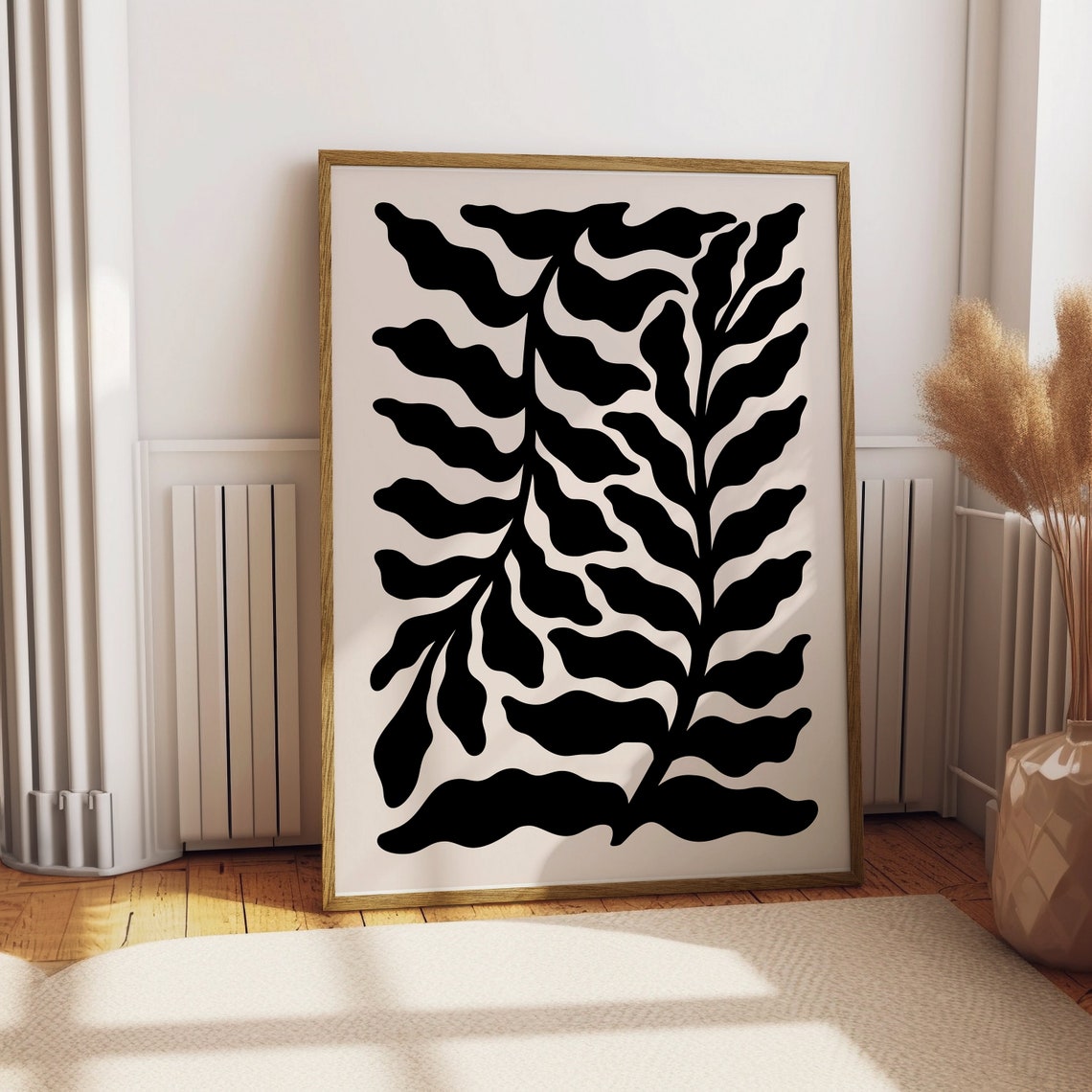 Black Botanical Leaf Silhouette Minimalist Modern Art Poster