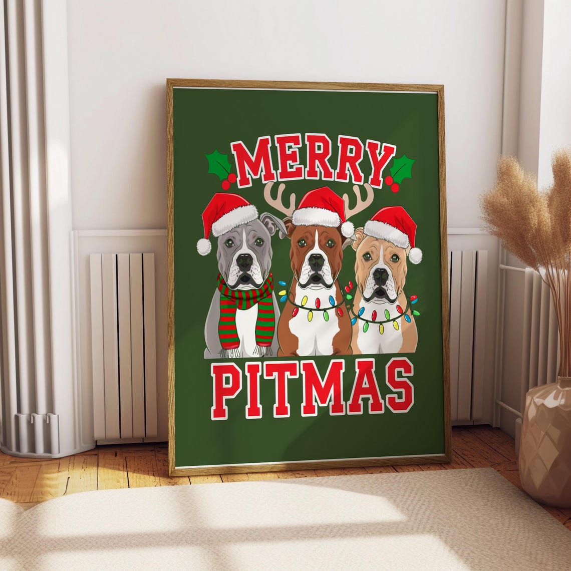 Merry Pitmas Pit Bull Christmas Poster Funny Santa Hat Dog Wall Decor