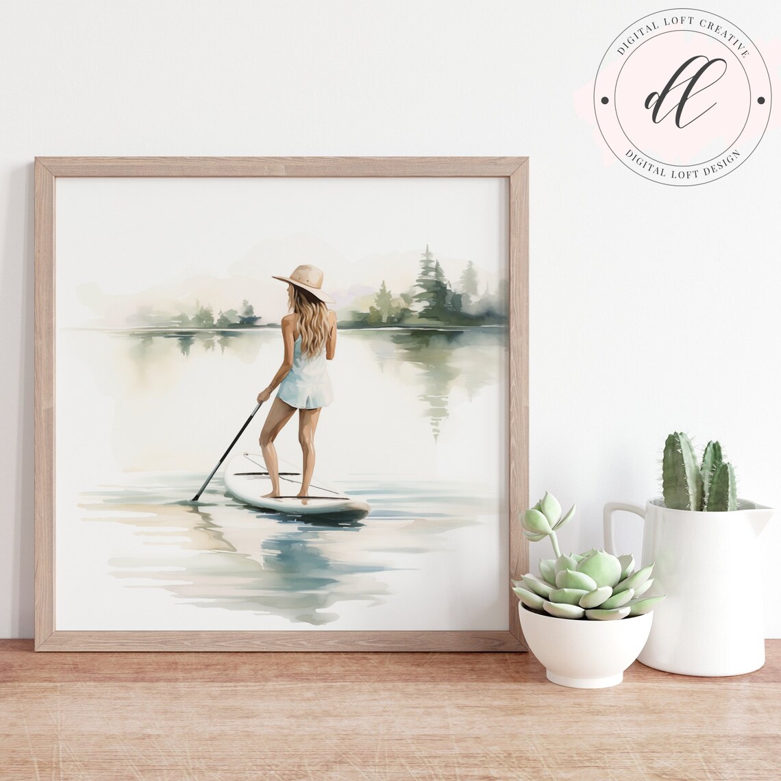 Woman Paddleboard Lake Watercolor Calm Summer Lake Scene Wall Art