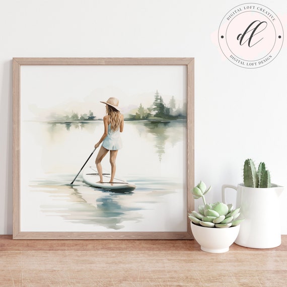 Serene Paddleboard On The Lake Print Woman On Lake Artwork Calm Waters Illustration Home Decor Cottage Wall Art