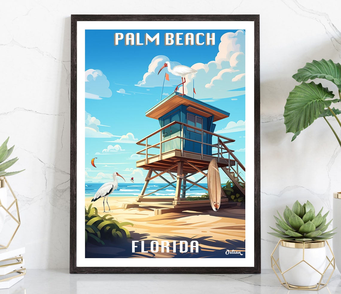 Palm Beach Florida Blue Lifeguard Tower With White Ibis Poster