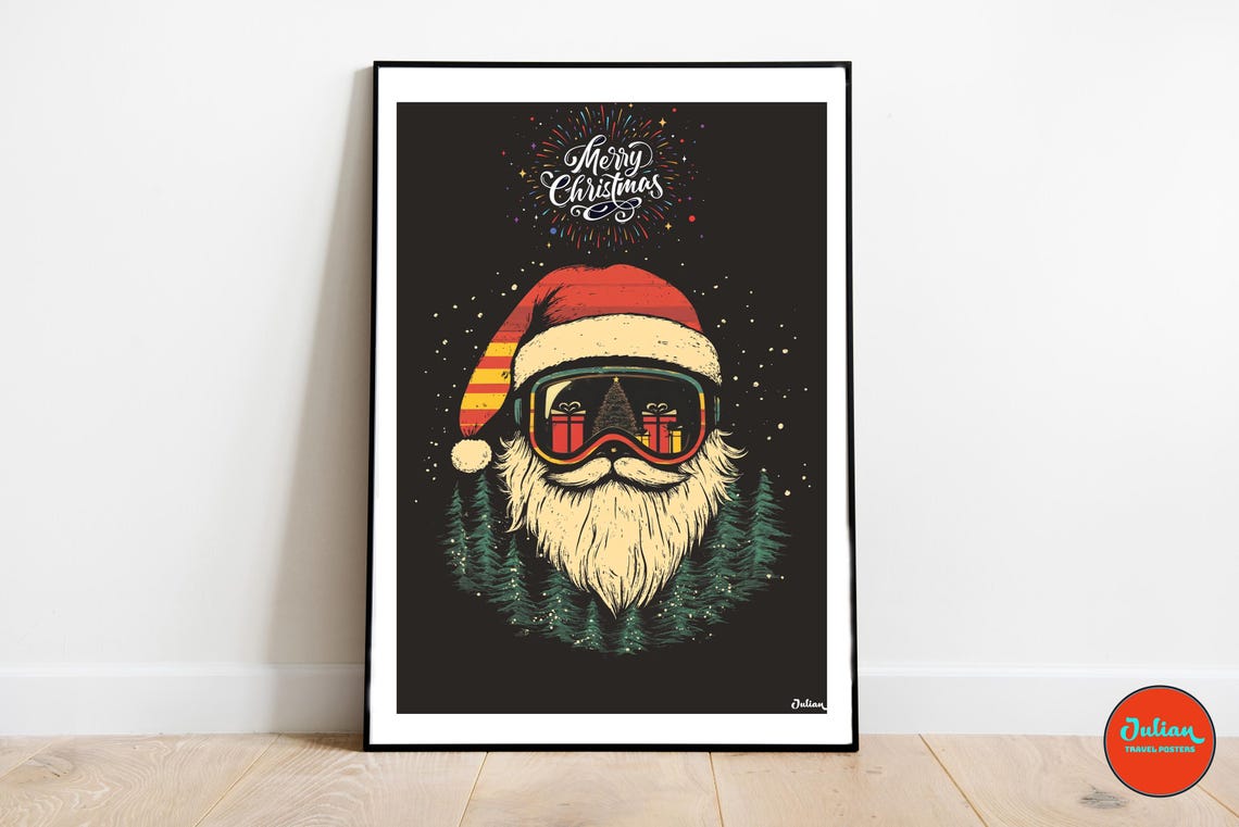 Merry Christmas Santa in Ski Goggles Black Background Poster