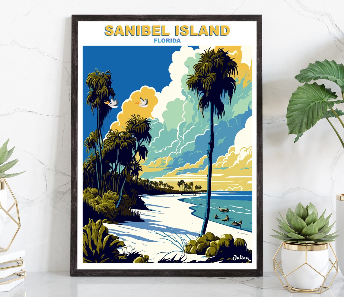 Sanibel Island Quiet White Sand Beach Palms Florida Travel Poster