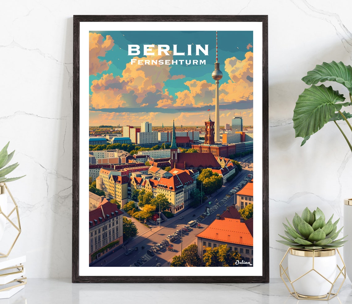 Berlin Germany Fernsehturm TV Tower Skyline Sunset Travel Poster