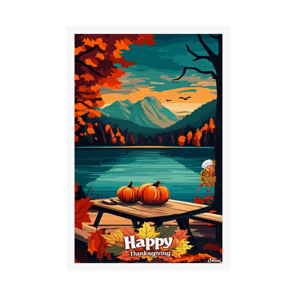 Happy Thanksgiving Autumn Lake Picnic With Pumpkins Sunset Poster - Image 2