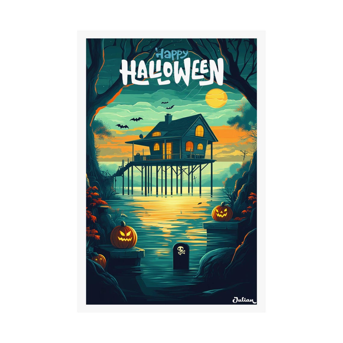 Happy Halloween Stilt House on Moonlit Water Lakeside Poster - Image 2