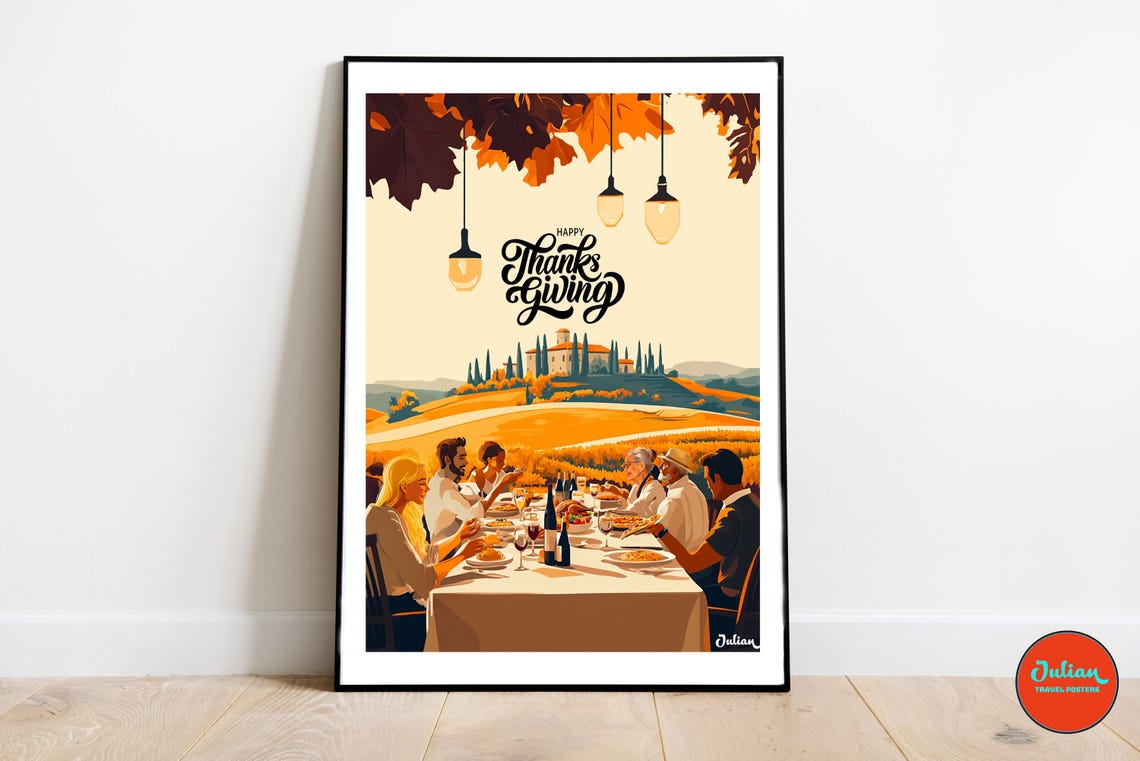 Happy Thanksgiving Tuscany Vineyard Outdoor Family Feast Poster