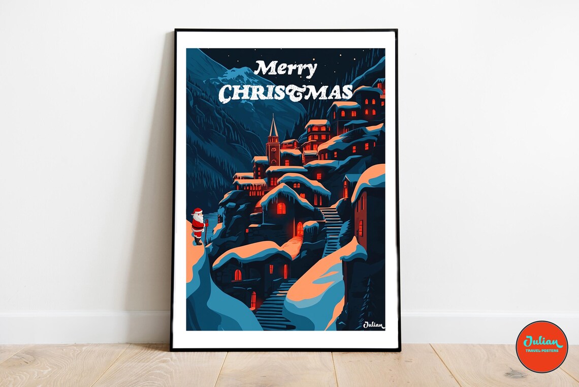 Merry Christmas Santa Above a Snow-Covered Alpine Village Poster