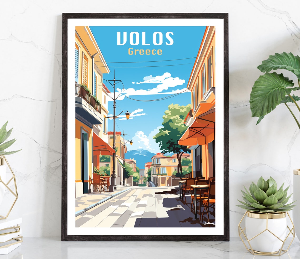 Volos Greece Sunny Café Street With Distant Mountain Travel Poster