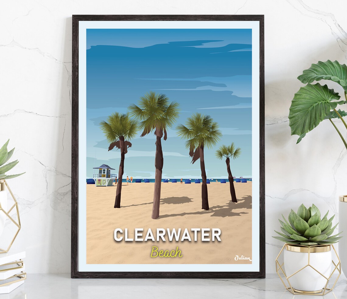 Clearwater Beach Tall Palms and Blue Lifeguard Tower Art Poster