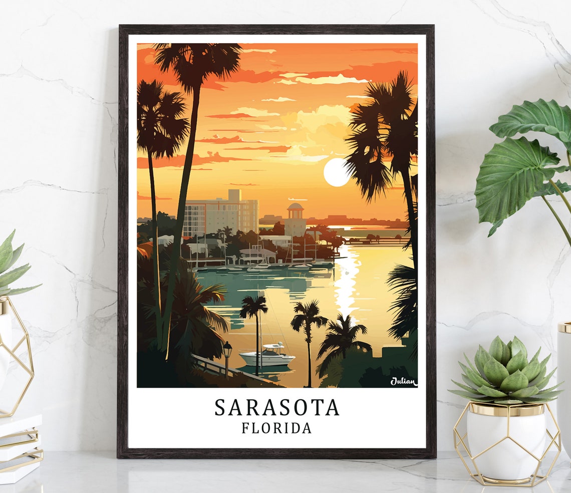 Sarasota Florida Romantic Sunset Over the Marina Palms Poster