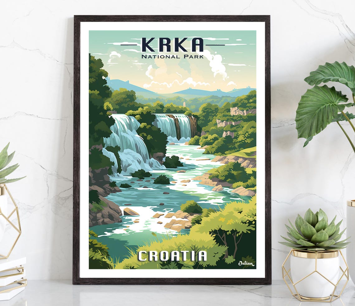 Krka National Park Croatia Waterfalls River Retro Travel Poster