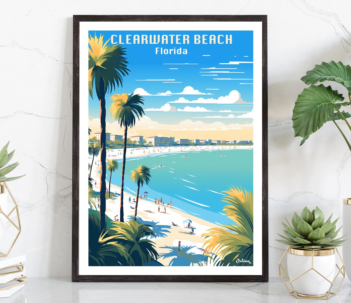 Clearwater Beach Palm Shoreline Sunny Day Florida Travel Poster