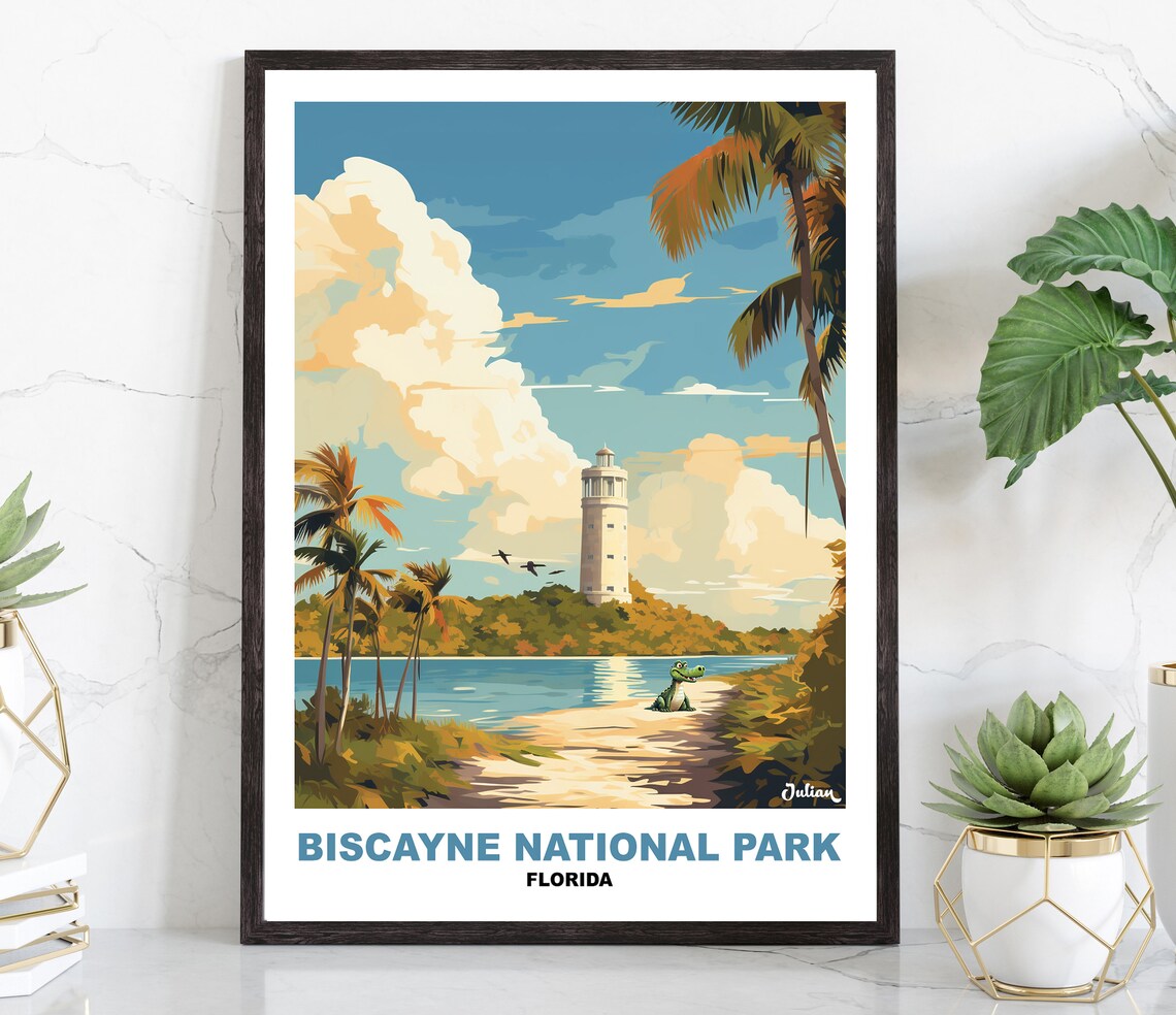 Biscayne National Park Lighthouse and Gator Florida Travel Poster