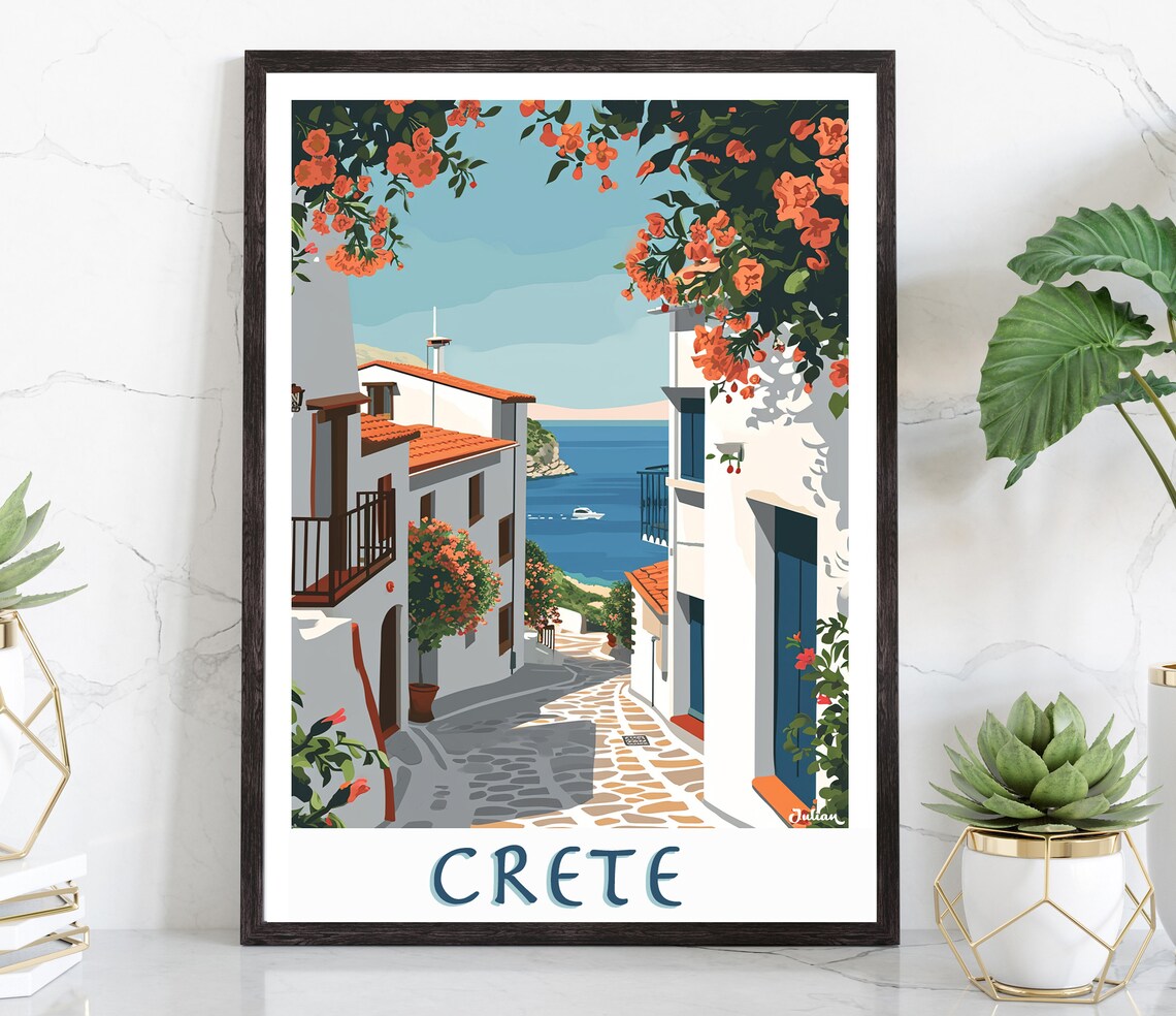 Crete Bougainvillea Lane Whitewashed Alley to the Sea Travel Poster