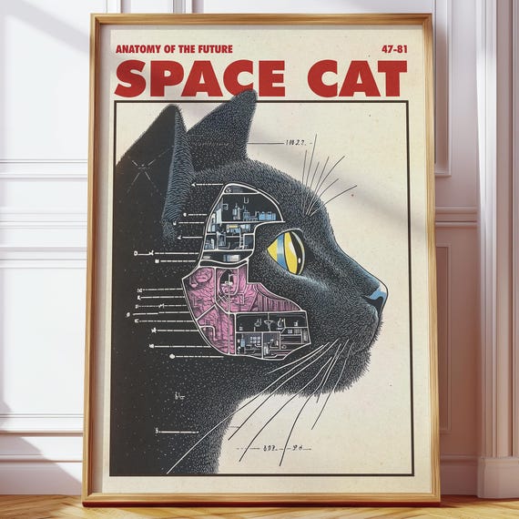 Retro Futuristic Space Cat Poster, Vintage Anatomy Art