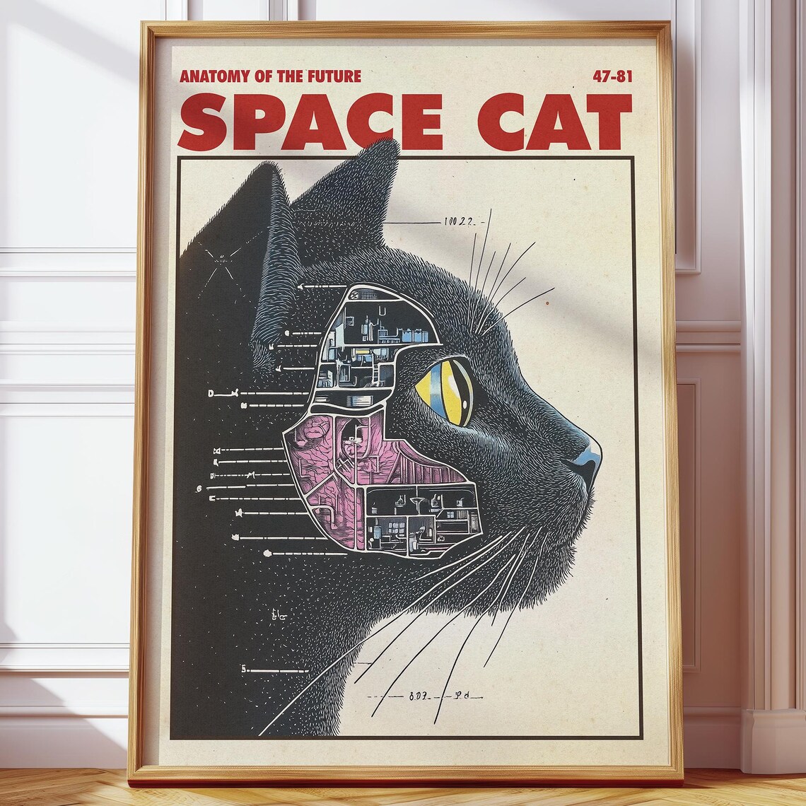 Retro Futuristic Space Cat Poster, Vintage Anatomy Art
