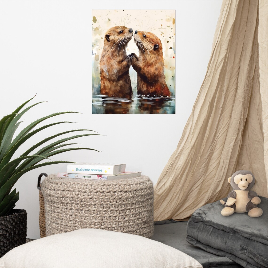 Kissing Otters Watercolor Animal Painting Cute Nursery Art Poster