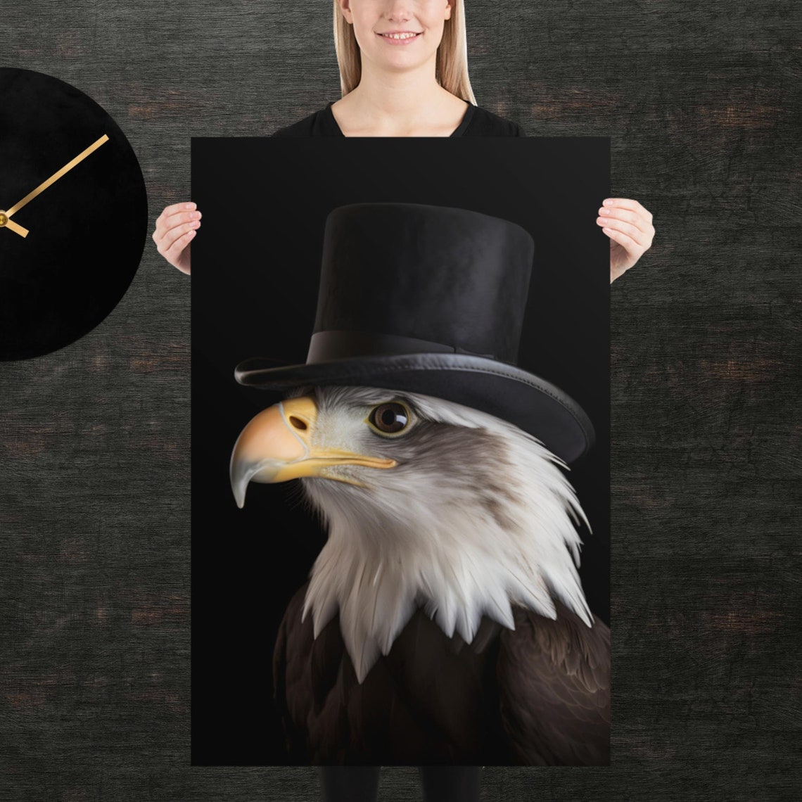 Bald Eagle Wearing Top Hat Formal Portrait Dark Background Poster