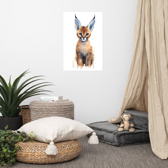 Cute Baby Caracal Wild Cat Watercolor Painting Nursery Poster