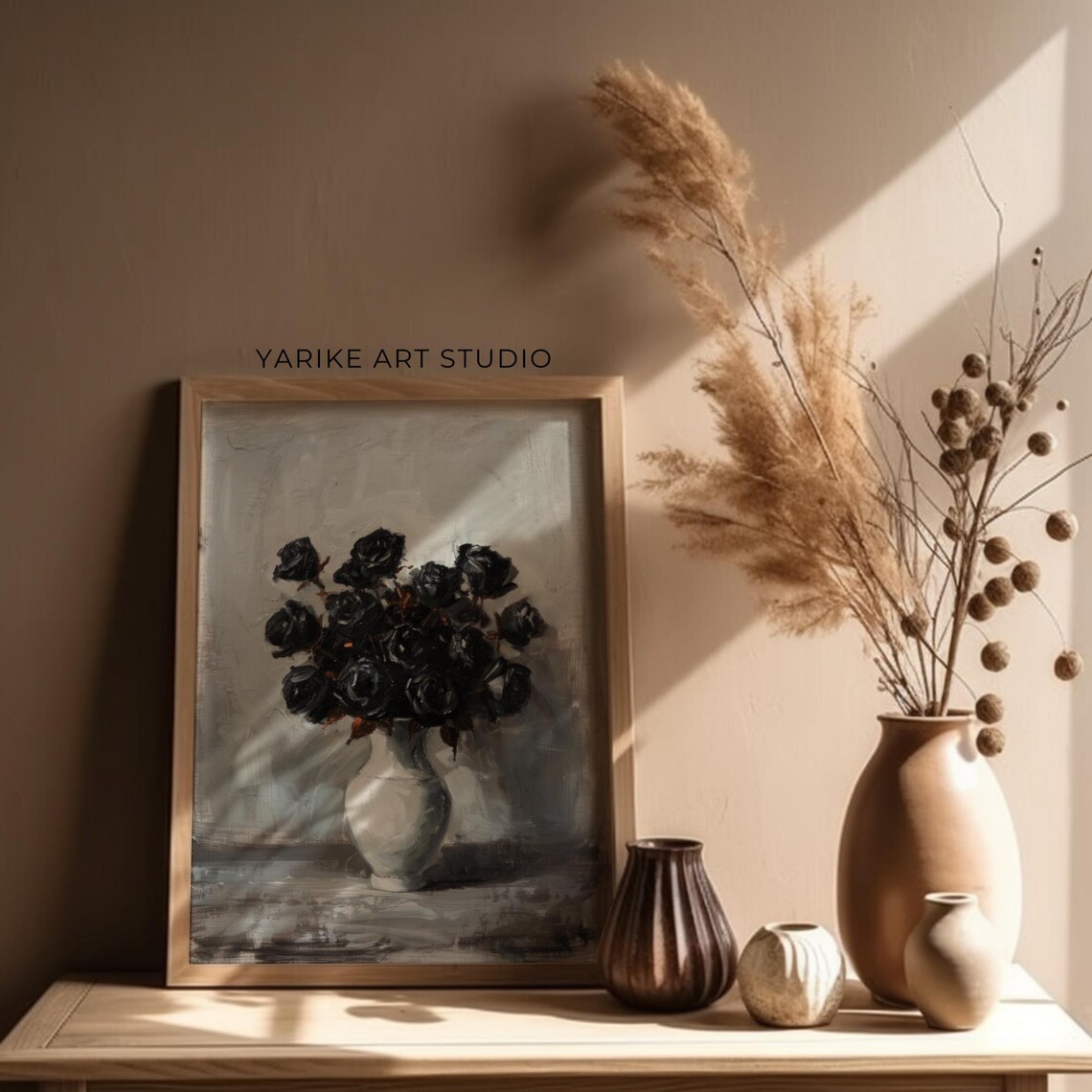 Black Roses White Vase Moody Floral Still Life Painting Poster - Image 4