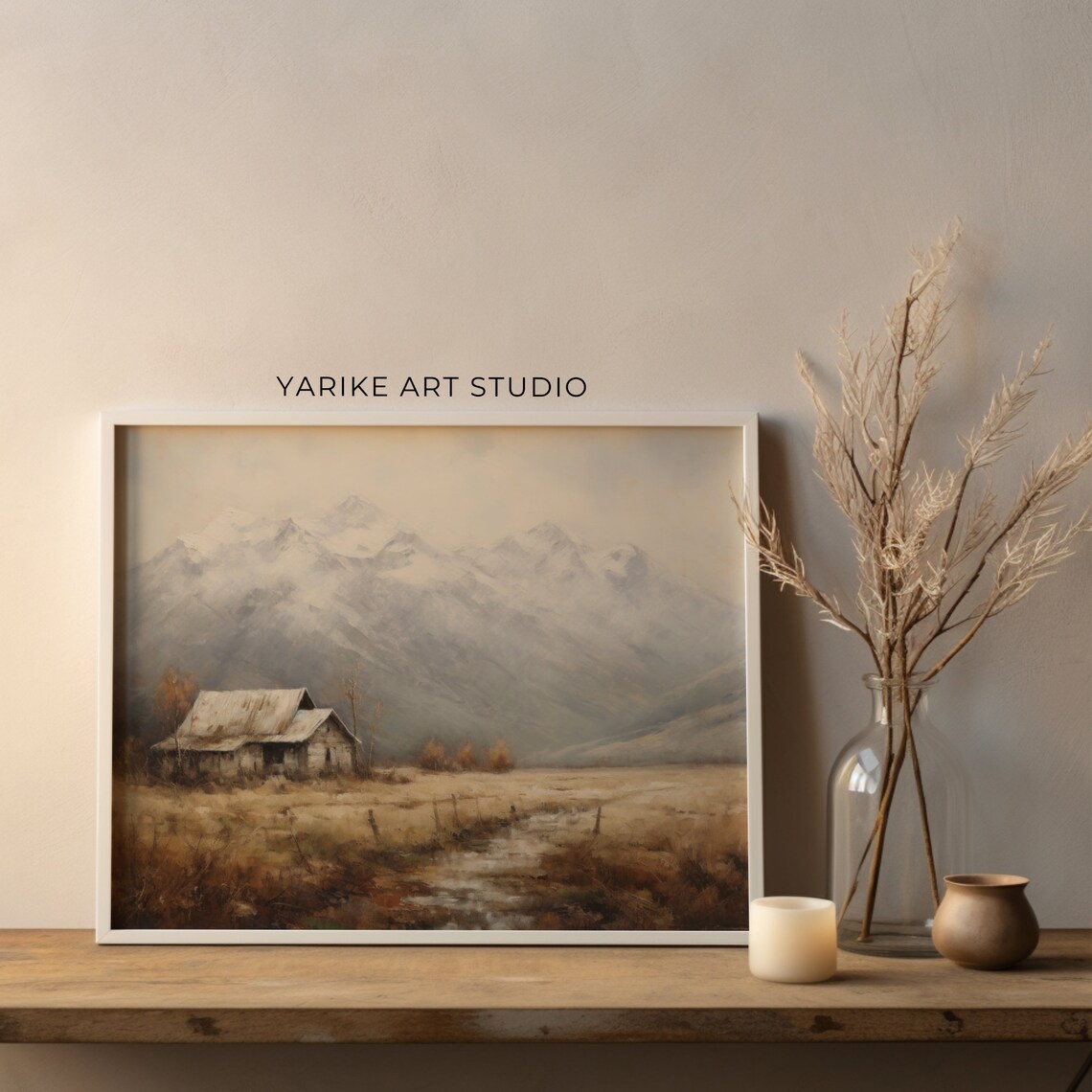 Old Barn Golden Field Misty Mountains Rustic Country Art Poster - Image 3